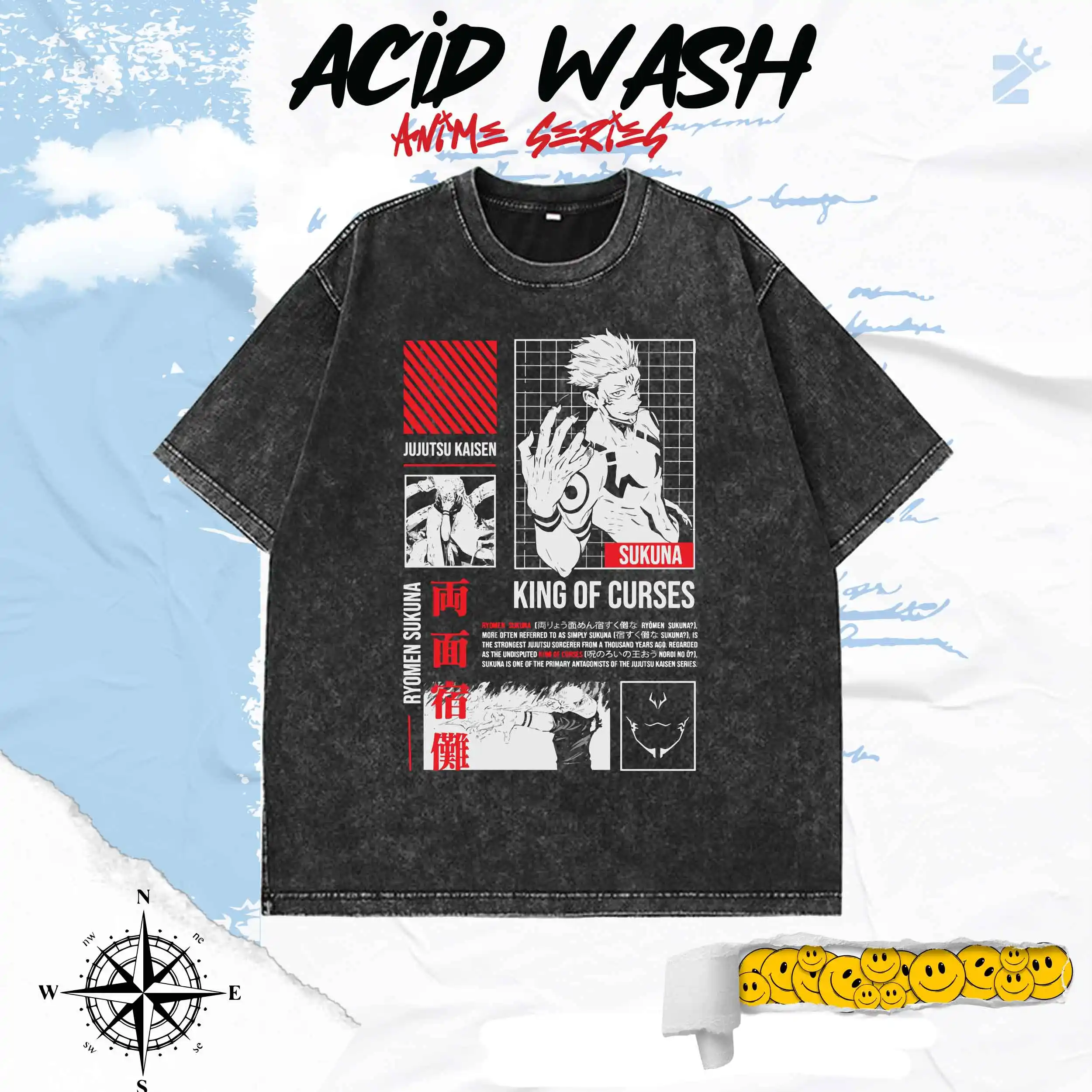 Sukuna King of Curses Anime Acid Wash Drop Shoulder T-shirt
